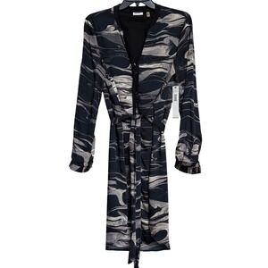 DKNYC Womens Black Grey Marble Swirl Faux Suede Trim Tie Waist Shirt Dress S New